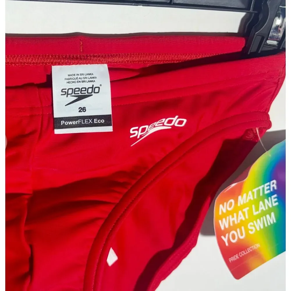 Speedo PowerFLEX Eco Pride Collection Red Rainbow Swim Brief Men's Size 26 NWT